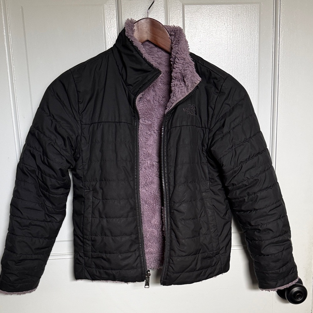 The North Face Kids Black Puffer Jacket with Purple Lining